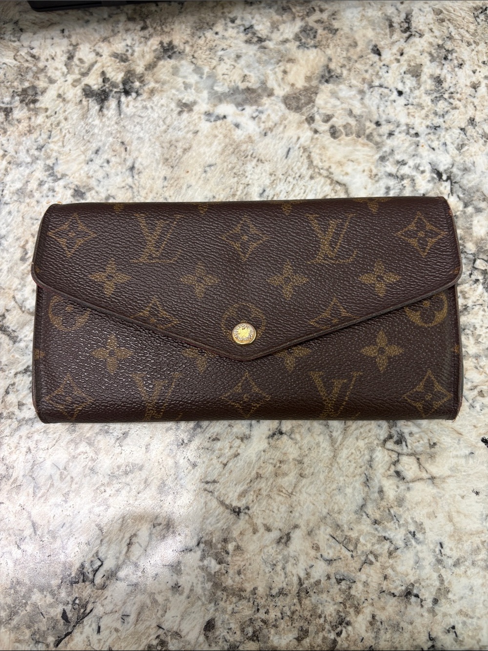 Authentic Louis Vuitton Sarah Dark Brown Monogram Envelope Wallet with Gold Snap